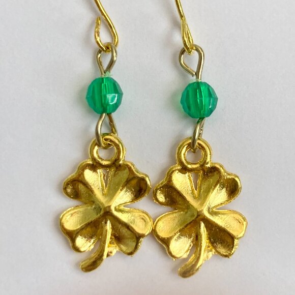Shamrock Earrings Gold Plated Irish 4 Leaf Clover Luck Celtic St. Patricks Day - Picture 6 of 8